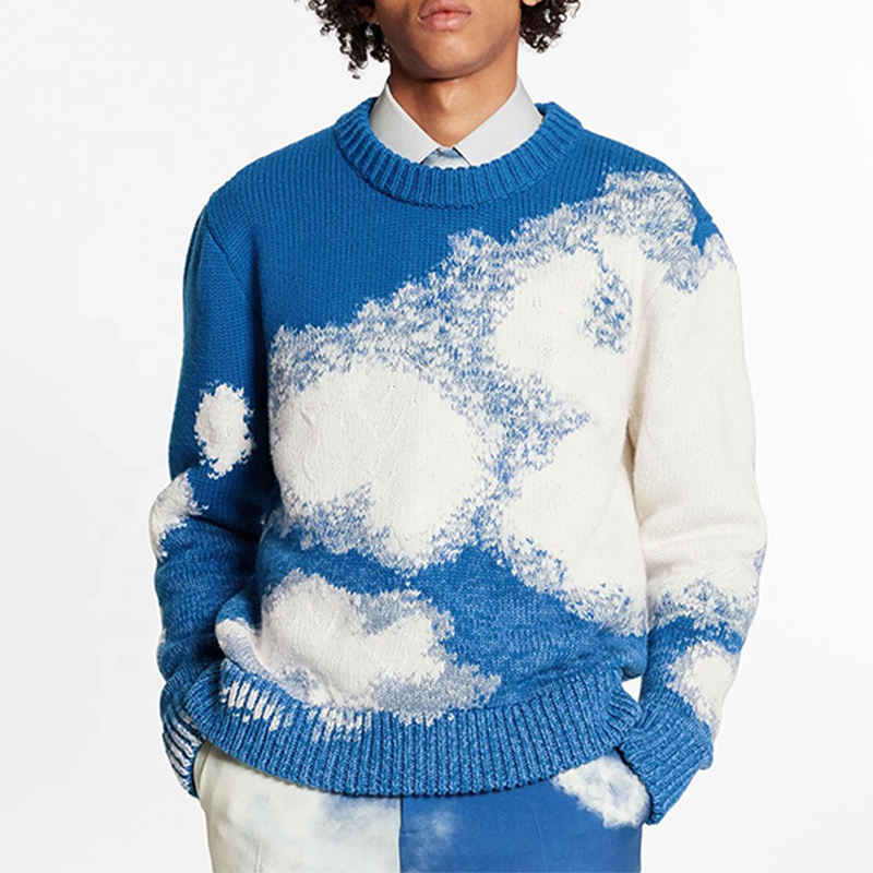 Енергична дреха персонализиран производител на мъжки пуловер дебел плетен жакард пуловери colorblock вълнен пуловер за човек