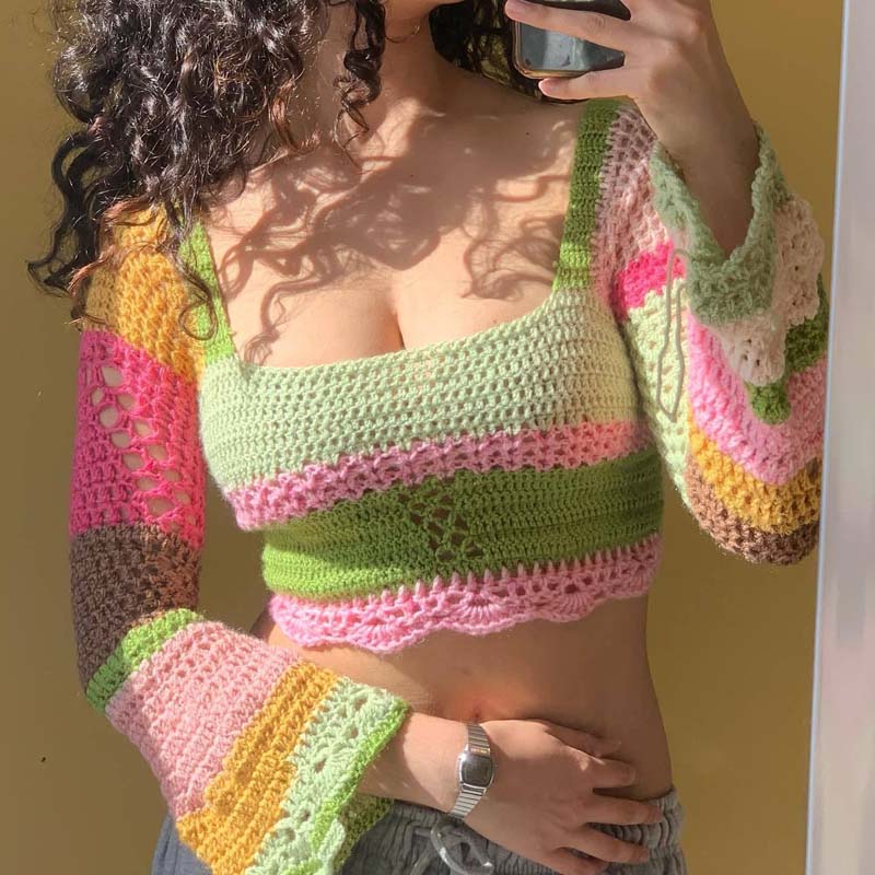 Жени плетене на една кука плетен мрежест пуловер квадратна шия с дълъг ръкав цветен блок пуловер на топчета блузи върхове без гръб вратовръзка пуловер
