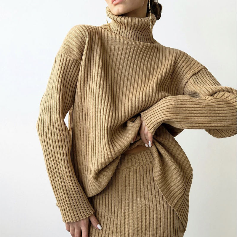 Зима Нова модна персонализирана жена с топъл костенурка пуловер плетен миди пола 2 части костюм жени пуловер