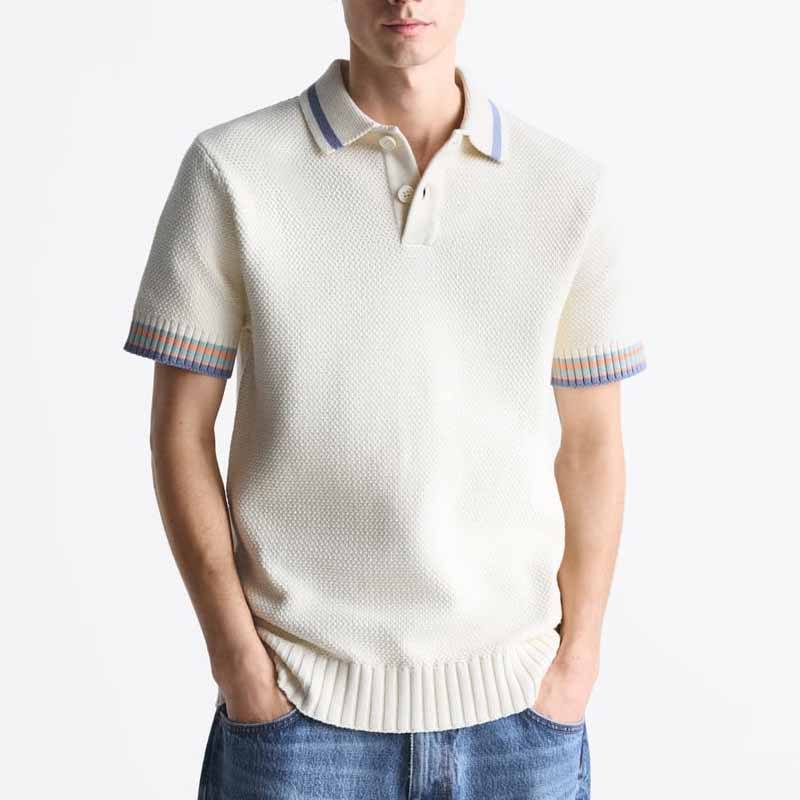 Поло риза мъж горен памучен плетен мъжки леки раирани ръкави поло пуловер